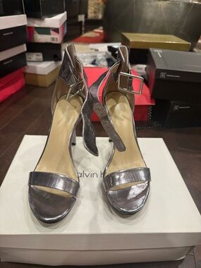 Calvin Klein Metallic Silver Open-Toe Ankle-Strap Heels